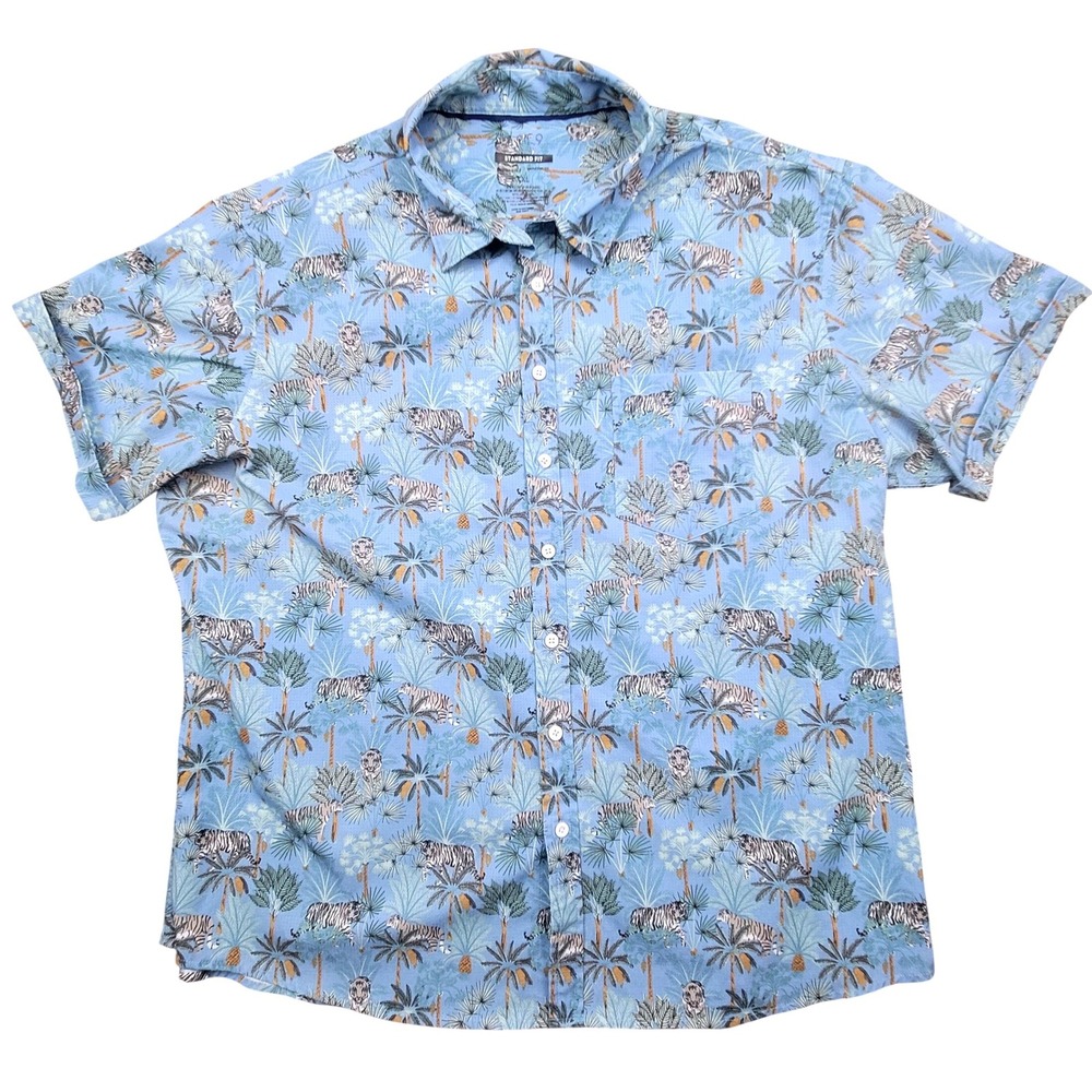 Tiger Palm Tree  Blue Tropical Print Short Sleeve Mens XL Apt 9